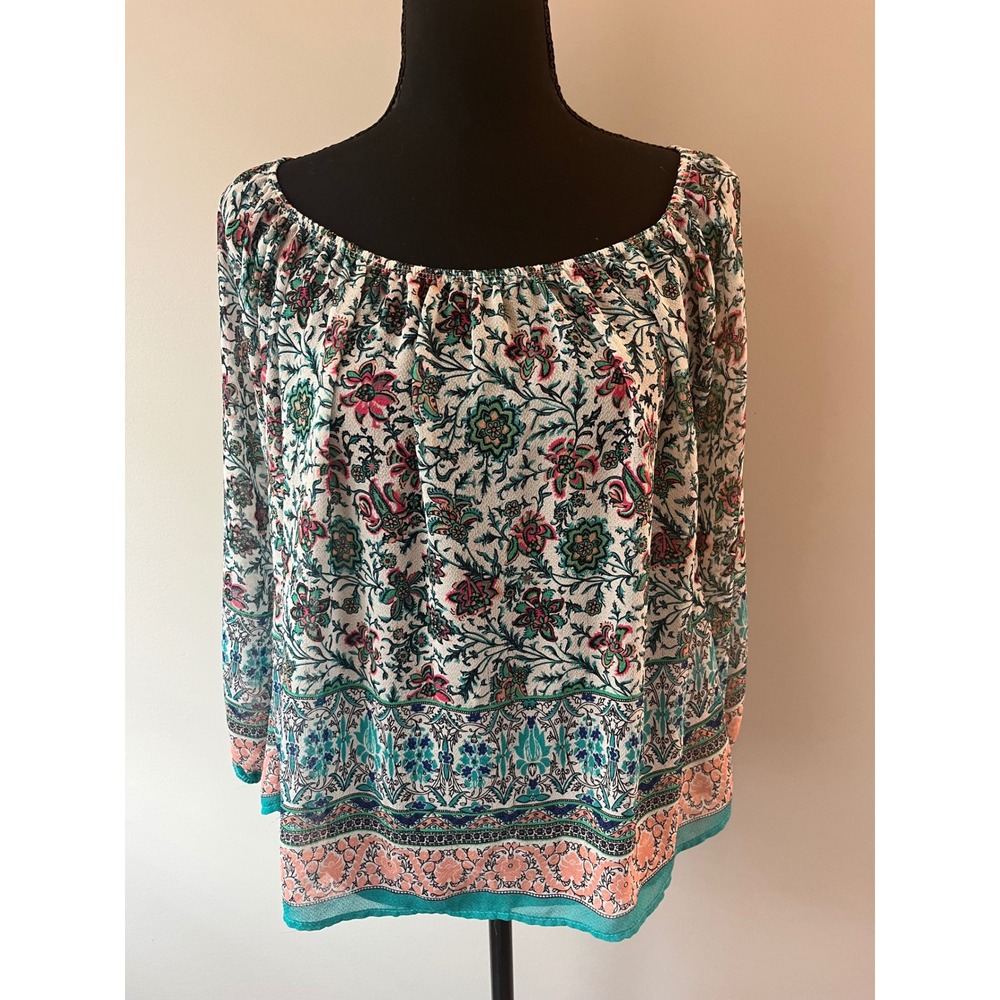 Sage Women's‎ Floral Paisley Long Sleeve Boho Blouse Teal Pink Small Made in USA